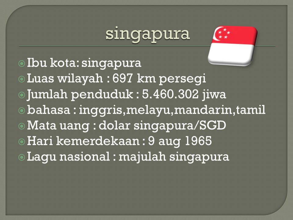 singapura Ibu kota: singapura Luas wilayah : 697 km persegi