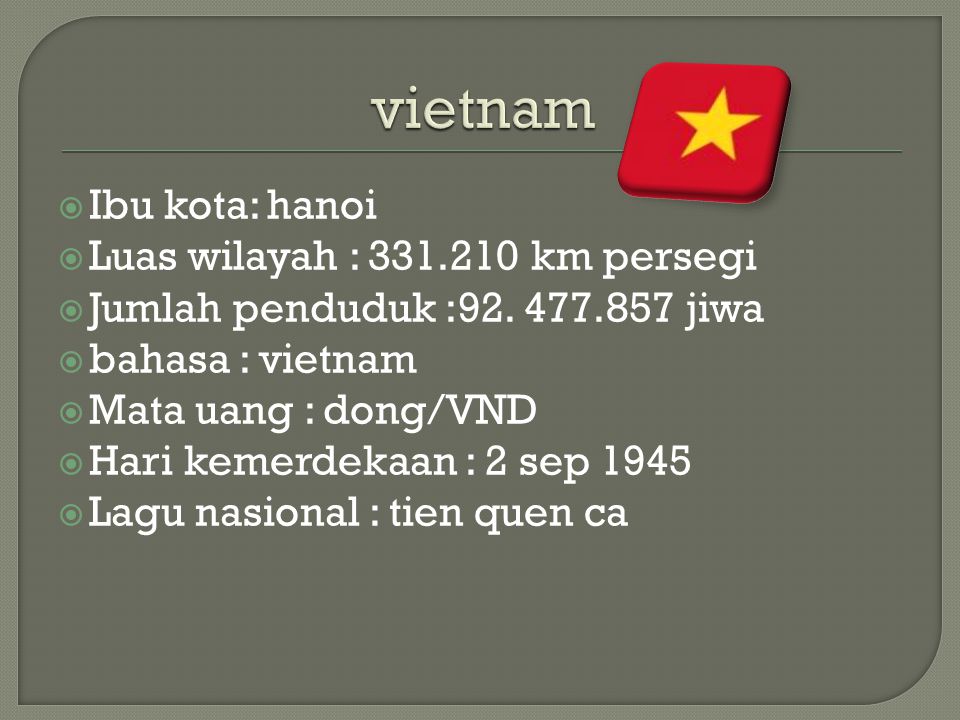 vietnam Ibu kota: hanoi Luas wilayah : km persegi