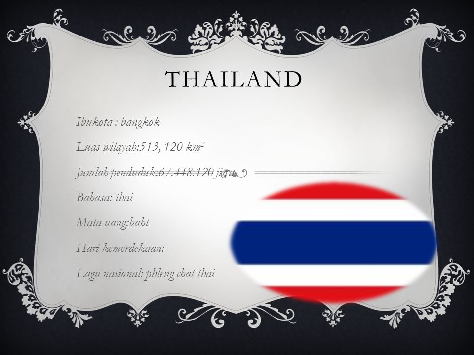 thailand Ibukota : bangkok Luas wilayah:513, 120 km2