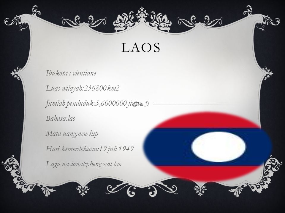 laos Ibukota : vientiane Luas wilayah:236800km2