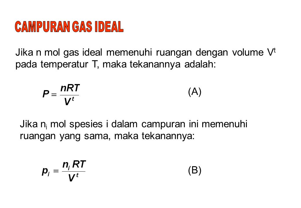CAMPURAN GAS IDEAL Jika n mol gas ideal memenuhi ruangan dengan volume Vt pada temperatur T, maka tekanannya adalah: