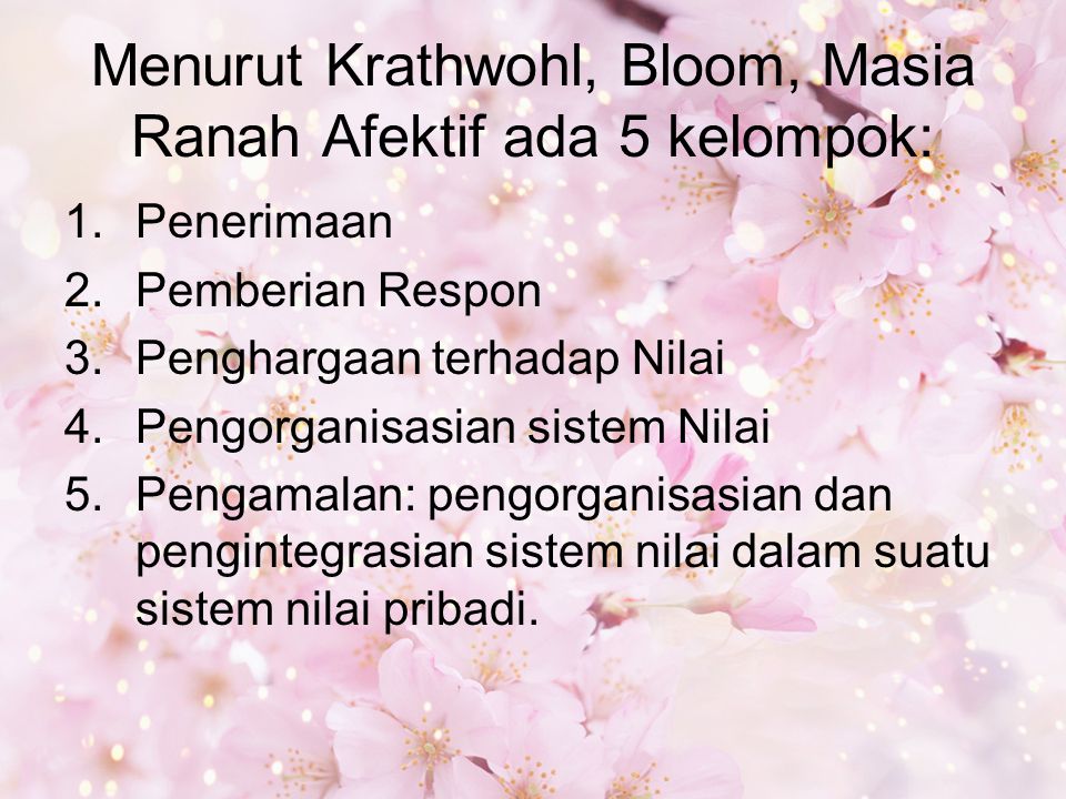 Menurut Krathwohl, Bloom, Masia Ranah Afektif ada 5 kelompok: