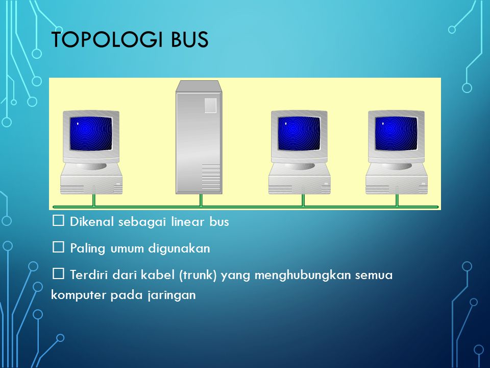 Topologi bus  Dikenal sebagai linear bus  Paling umum digunakan  Terdiri dari kabel (trunk) yang menghubungkan semua komputer pada jaringan