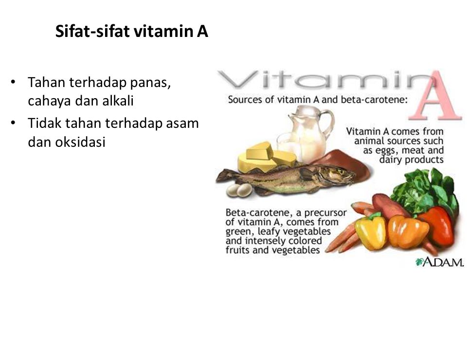 Sifat-sifat vitamin A Tahan terhadap panas, cahaya dan alkali