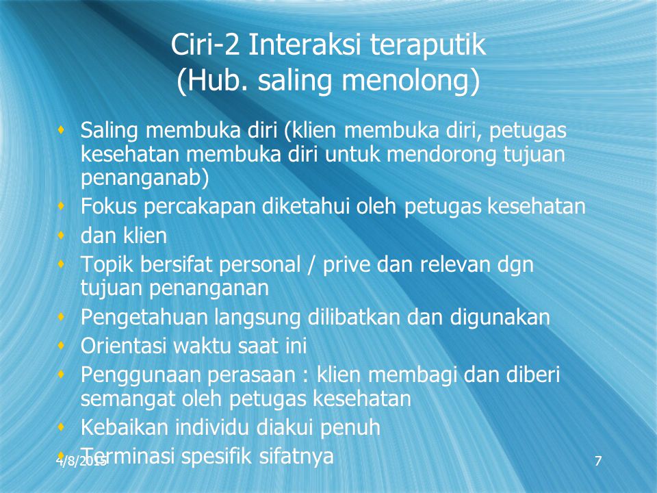 Ciri-2 Interaksi teraputik (Hub. saling menolong)
