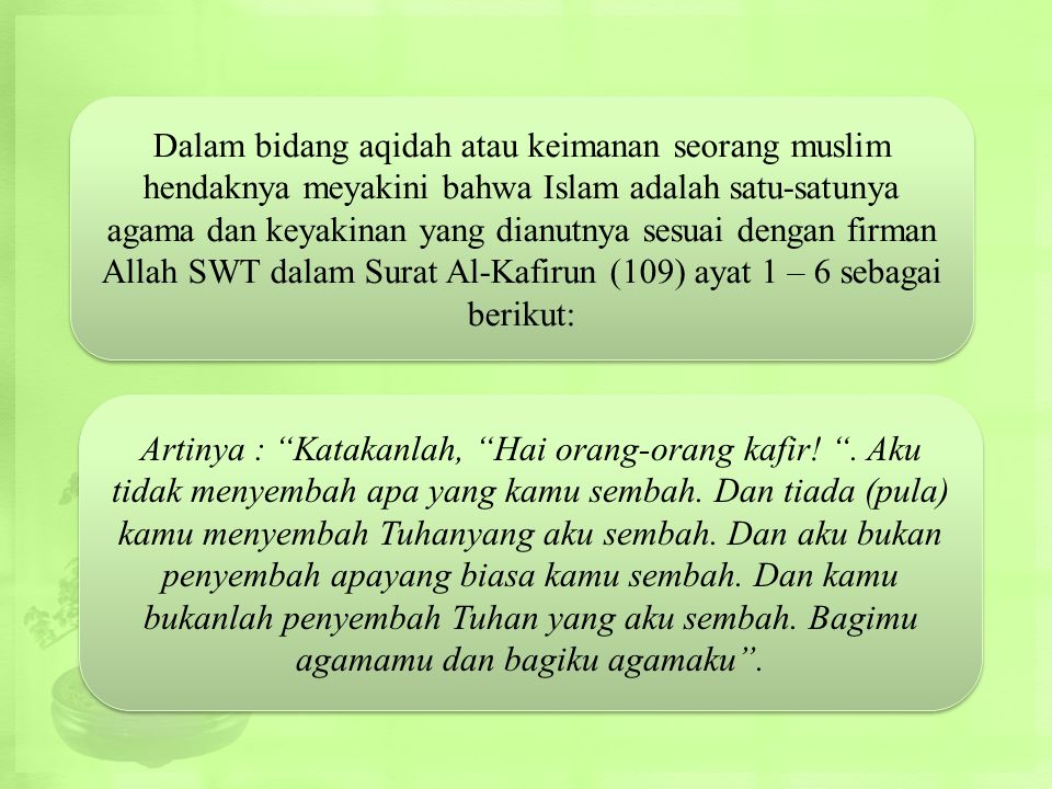Dalam bidang aqidah atau keimanan seorang muslim hendaknya meyakini bahwa Islam adalah satu-satunya agama dan keyakinan yang dianutnya sesuai dengan firman Allah SWT dalam Surat Al-Kafirun (109) ayat 1 – 6 sebagai berikut: