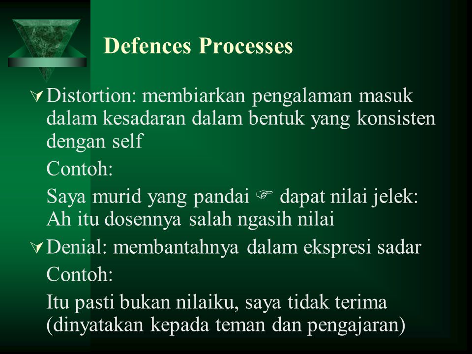 Defences Processes Distortion: membiarkan pengalaman masuk dalam kesadaran dalam bentuk yang konsisten dengan self.