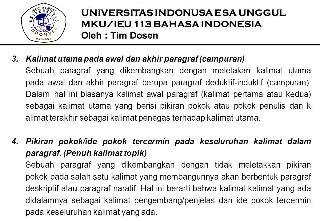 UNIVERSITAS INDONUSA ESA UNGGUL MKU/IEU 113 BAHASA INDONESIA