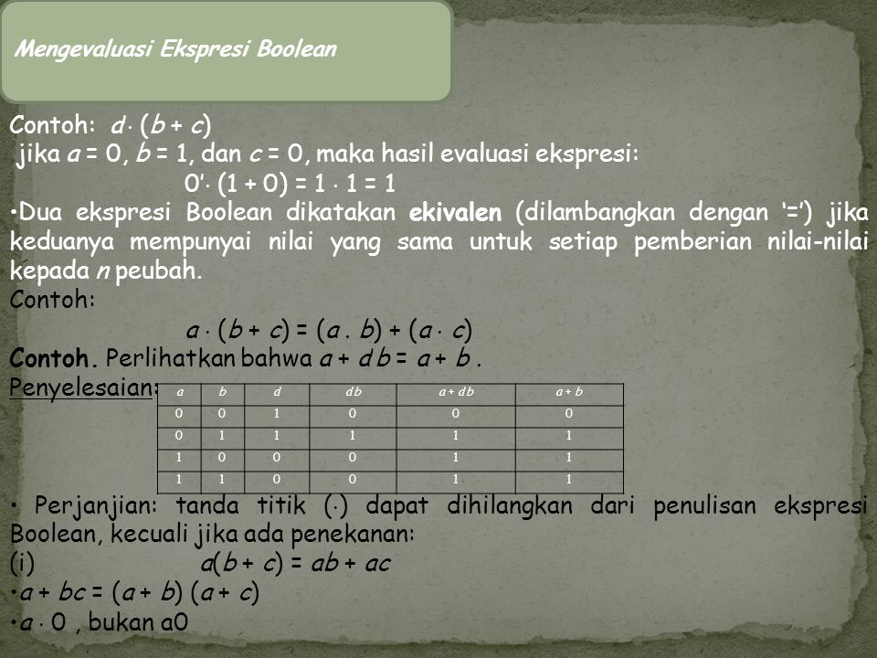 jika a = 0, b = 1, dan c = 0, maka hasil evaluasi ekspresi:
