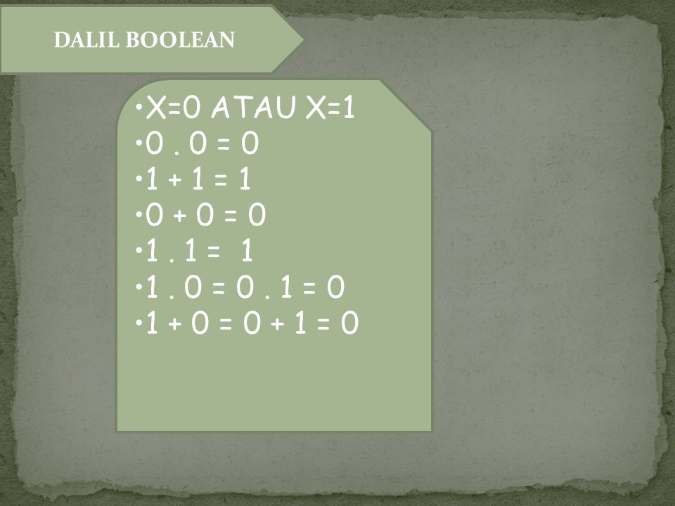 DALIL BOOLEAN X=0 ATAU X= = = 1.