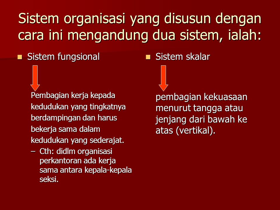 Sistem organisasi yang disusun dengan cara ini mengandung dua sistem, ialah: