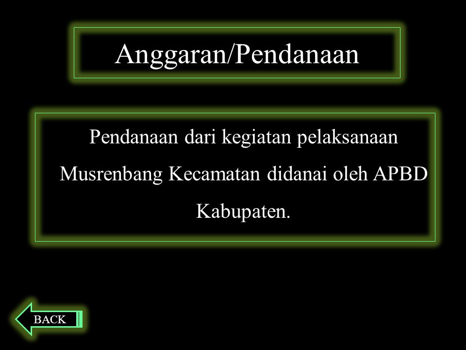 Anggaran/Pendanaan Pendanaan dari kegiatan pelaksanaan Musrenbang Kecamatan didanai oleh APBD Kabupaten.