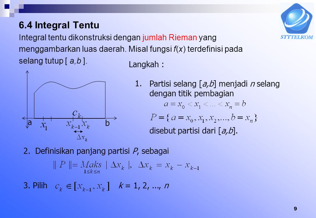 6.4 Integral Tentu Integral tentu dikonstruksi dengan jumlah Rieman yang. menggambarkan luas daerah. Misal fungsi f(x) terdefinisi pada.