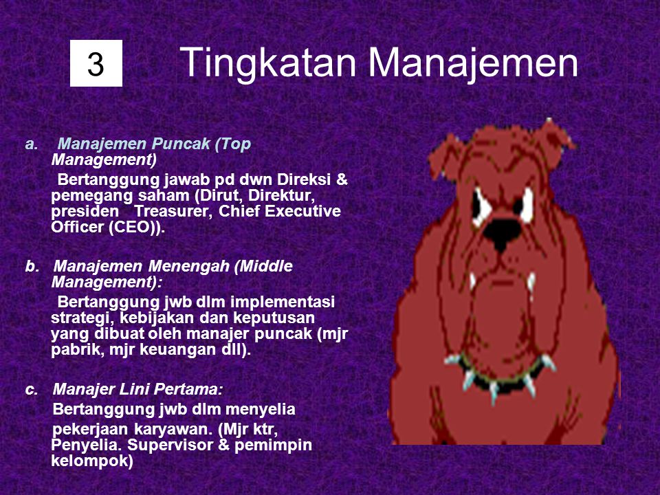 Tingkatan Manajemen 3 a. Manajemen Puncak (Top Management)