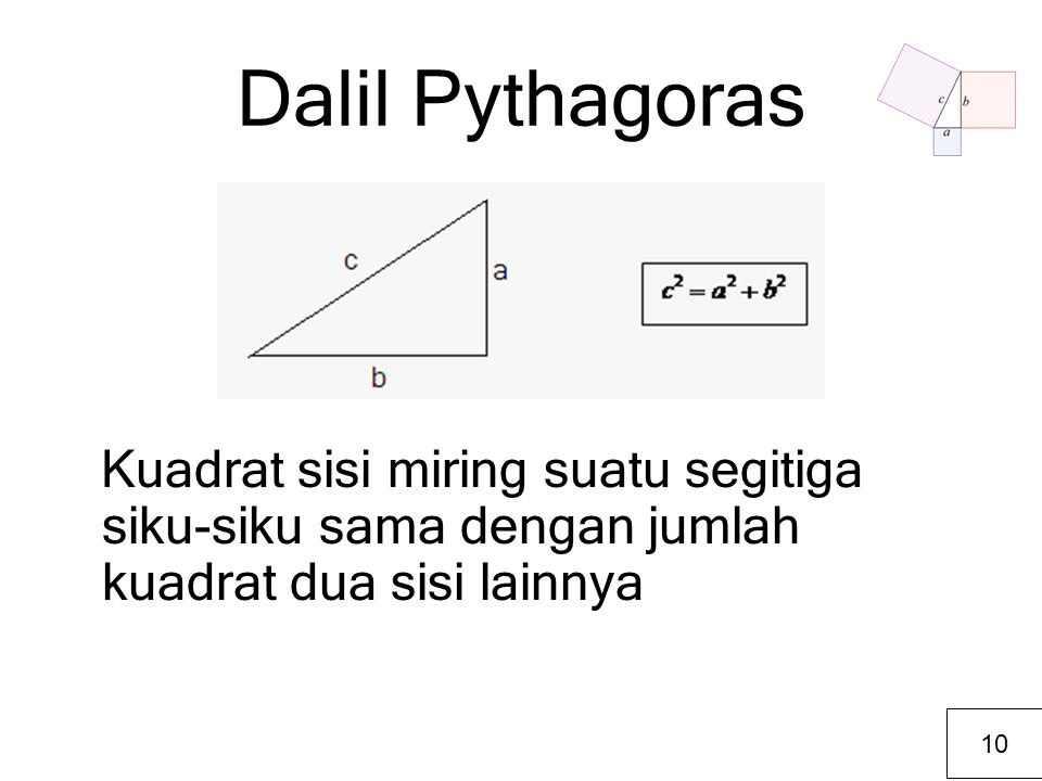 Dalil Pythagoras Kuadrat sisi miring suatu segitiga siku-siku sama dengan jumlah kuadrat dua sisi lainnya.