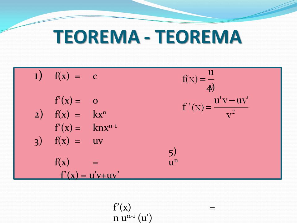 TEOREMA - TEOREMA 1) f(x) = c 4) 2) f(x) = kxn f’(x) = 0