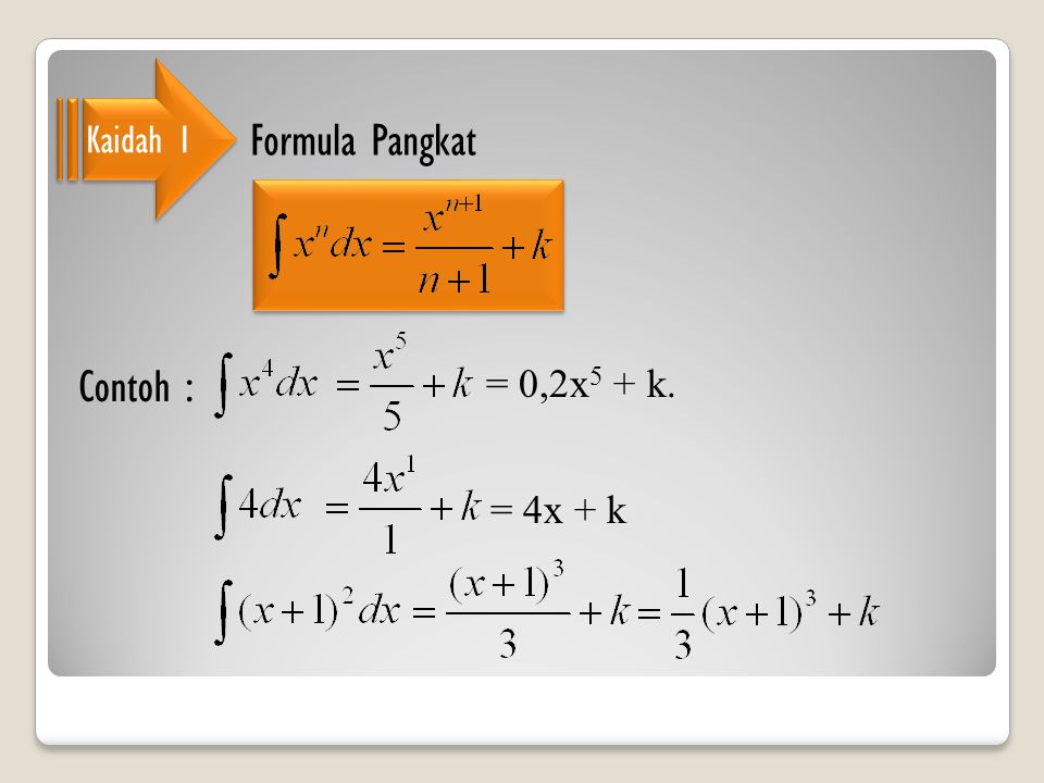 Kaidah 1 Formula Pangkat Contoh : = 0,2x5 + k. = 4x + k