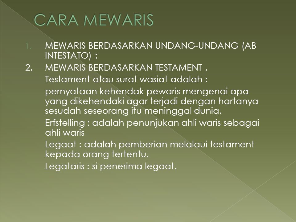CARA MEWARIS MEWARIS BERDASARKAN UNDANG-UNDANG (AB INTESTATO) :