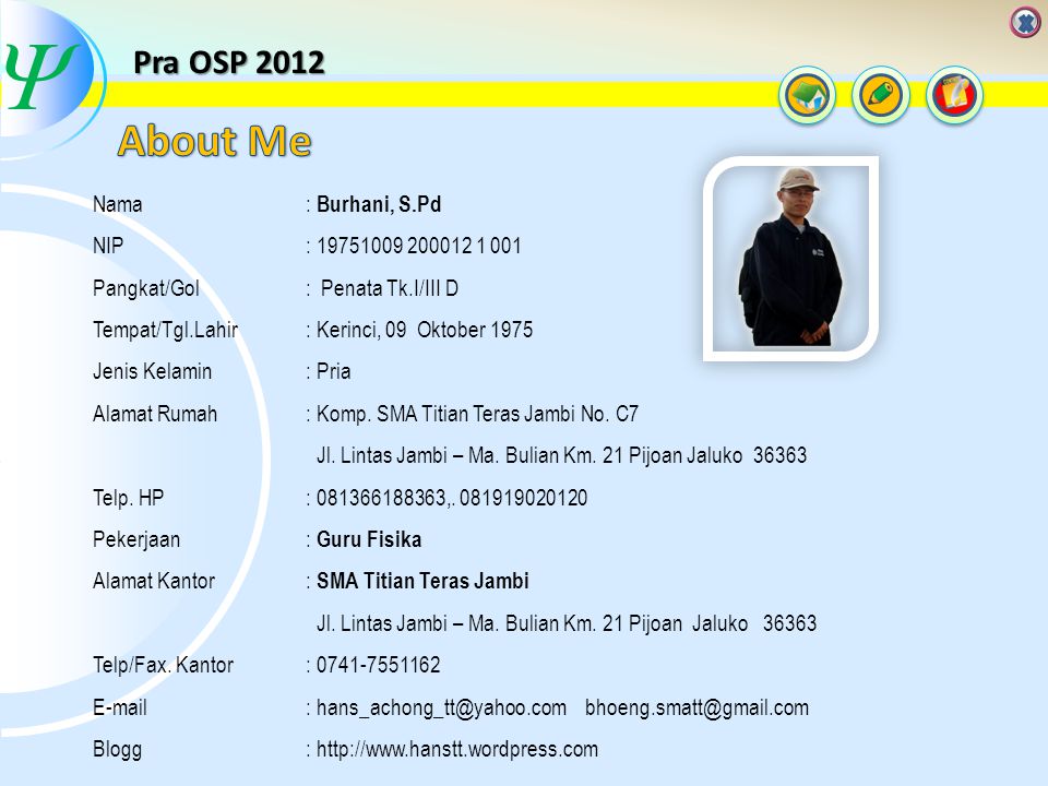  About Me Pra OSP 2012 Nama NIP Pangkat/Gol Tempat/Tgl.Lahir