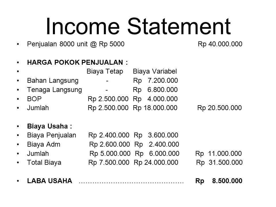 Income Statement Penjualan 8000 Rp 5000 Rp