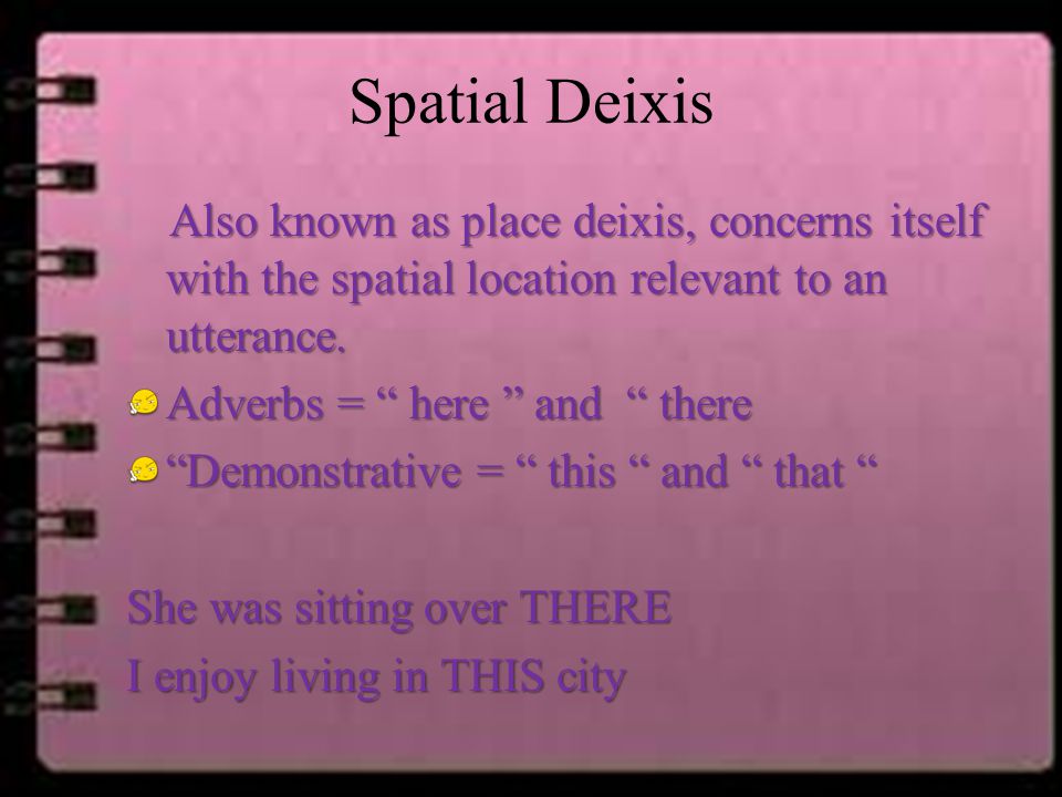 Spatial Deixis Also known as place deixis, concerns itself with the spatial location relevant to an utterance.