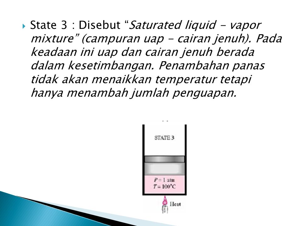State 3 : Disebut Saturated liquid - vapor mixture (campuran uap - cairan jenuh).