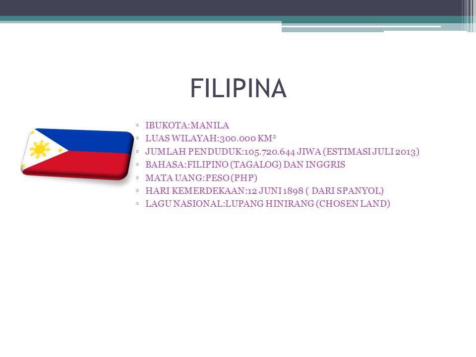 FILIPINA IBUKOTA:MANILA LUAS WILAYAH: KM2