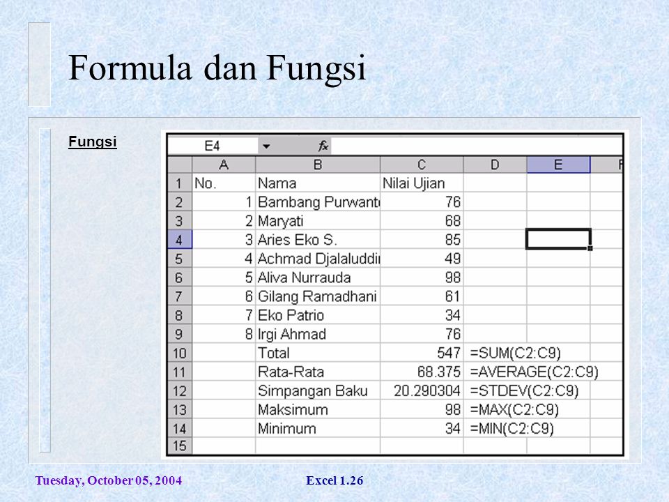 Formula dan Fungsi Fungsi Tuesday, October 05, 2004 Excel 1.26