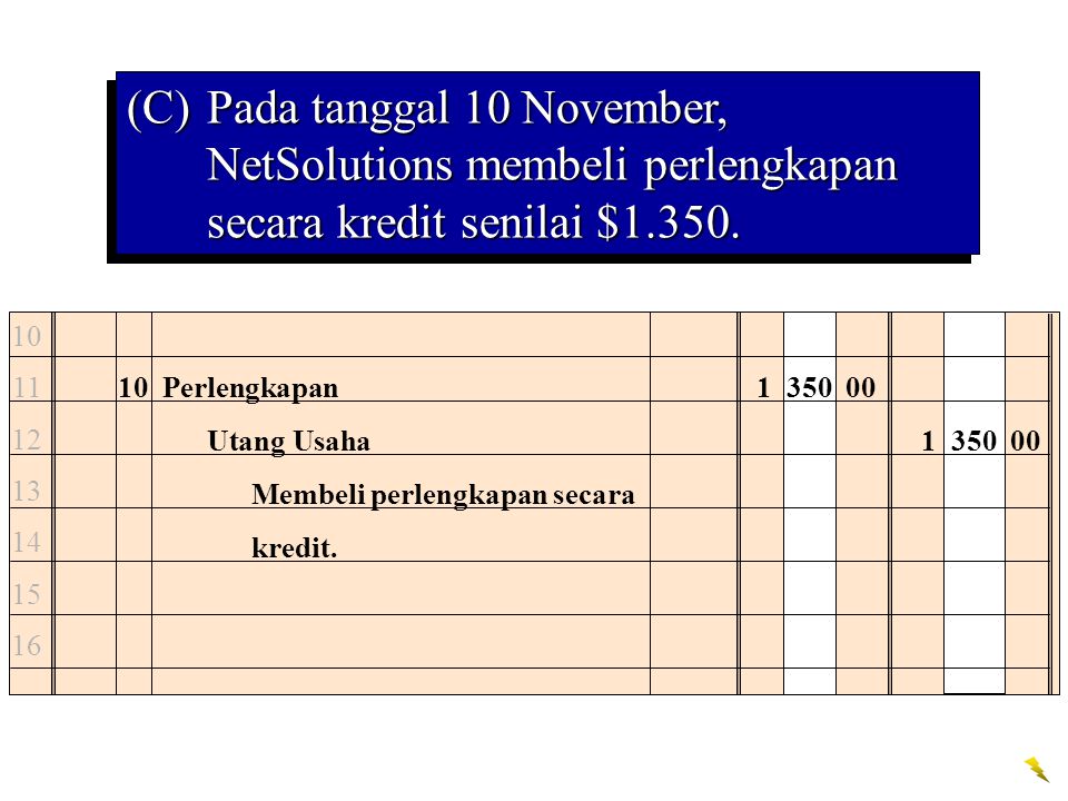 (C) Pada tanggal 10 November, NetSolutions membeli perlengkapan secara kredit senilai $1.350.