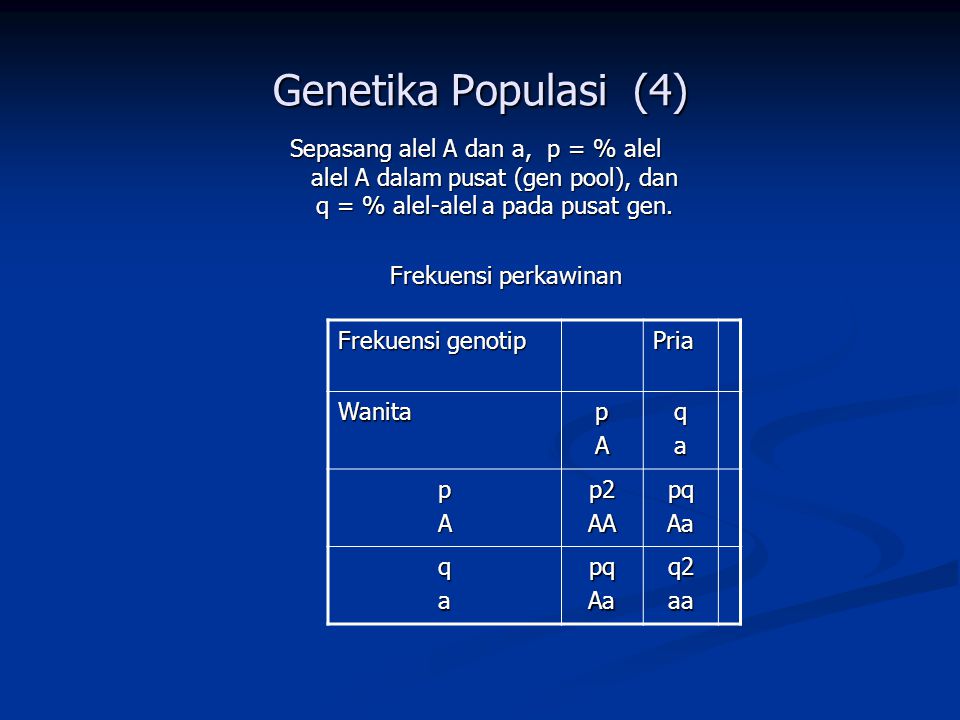 Genetika Populasi (4) Sepasang alel A dan a, p = % alel alel A dalam pusat (gen pool), dan q = % alel-alel a pada pusat gen.