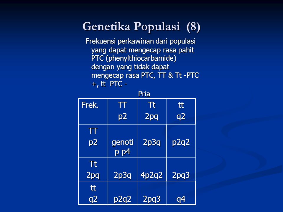 Genetika Populasi (8) Frek. TT p2 Tt 2pq tt q2 genotip p4 2p3q p2q2