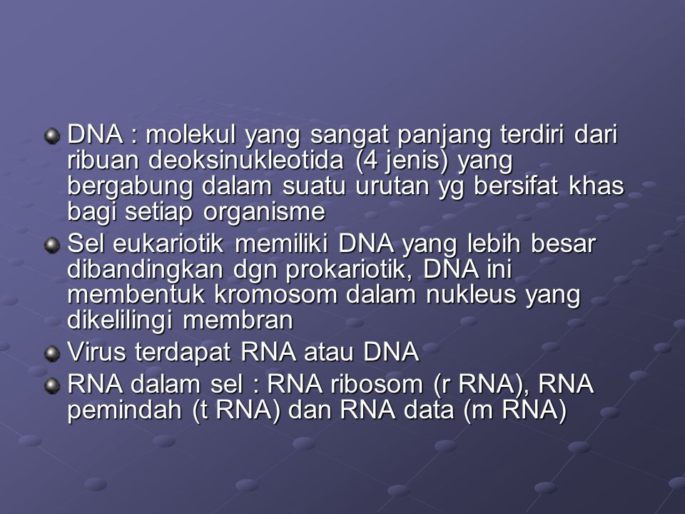 DNA : molekul yang sangat panjang terdiri dari ribuan deoksinukleotida (4 jenis) yang bergabung dalam suatu urutan yg bersifat khas bagi setiap organisme