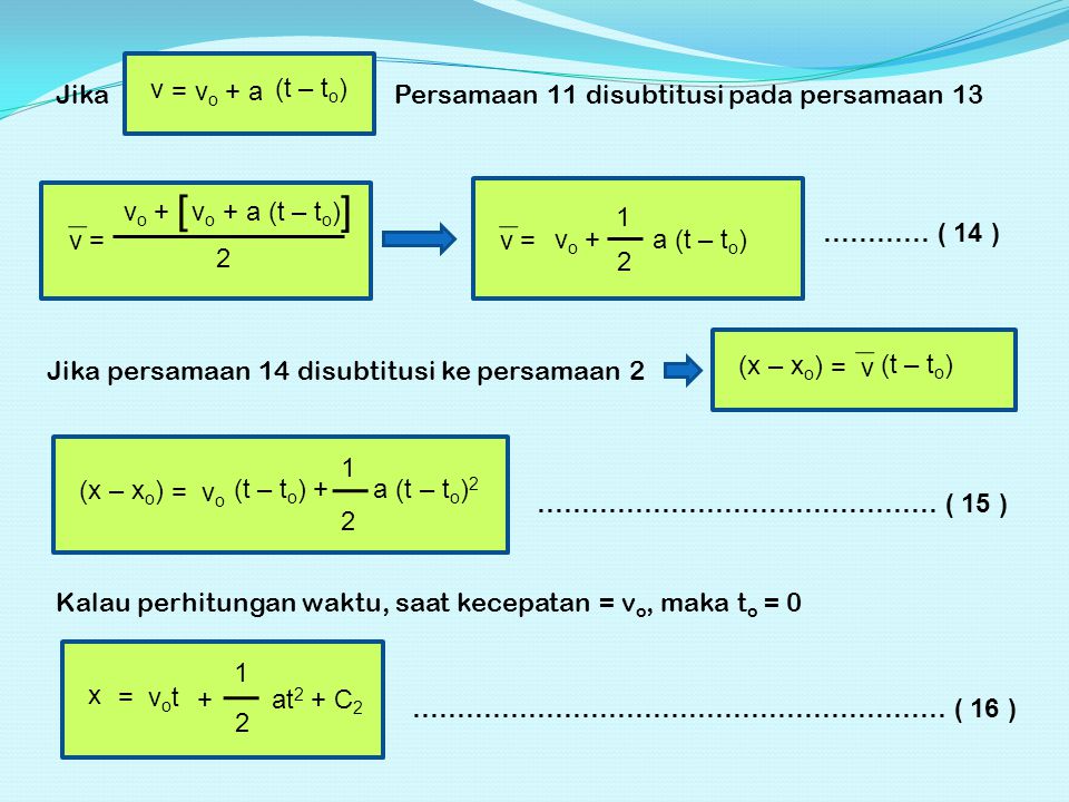 v = vo + a. (t – to) Jika. Persamaan 11 disubtitusi pada persamaan 13. v = vo + vo + a (t – to)