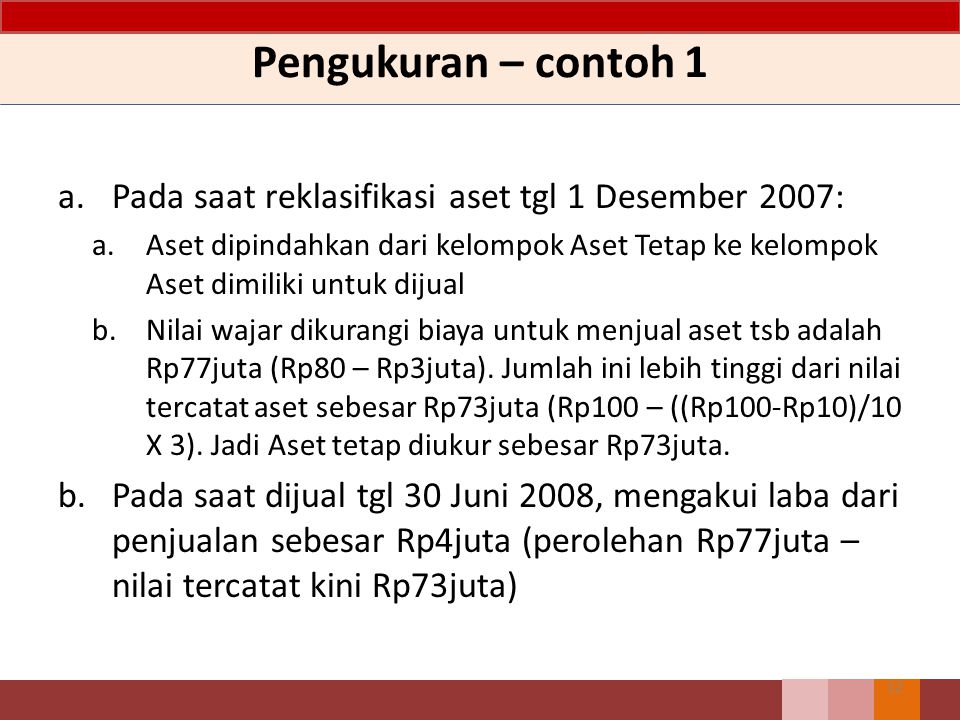Pengukuran – contoh 1 Pada saat reklasifikasi aset tgl 1 Desember 2007: