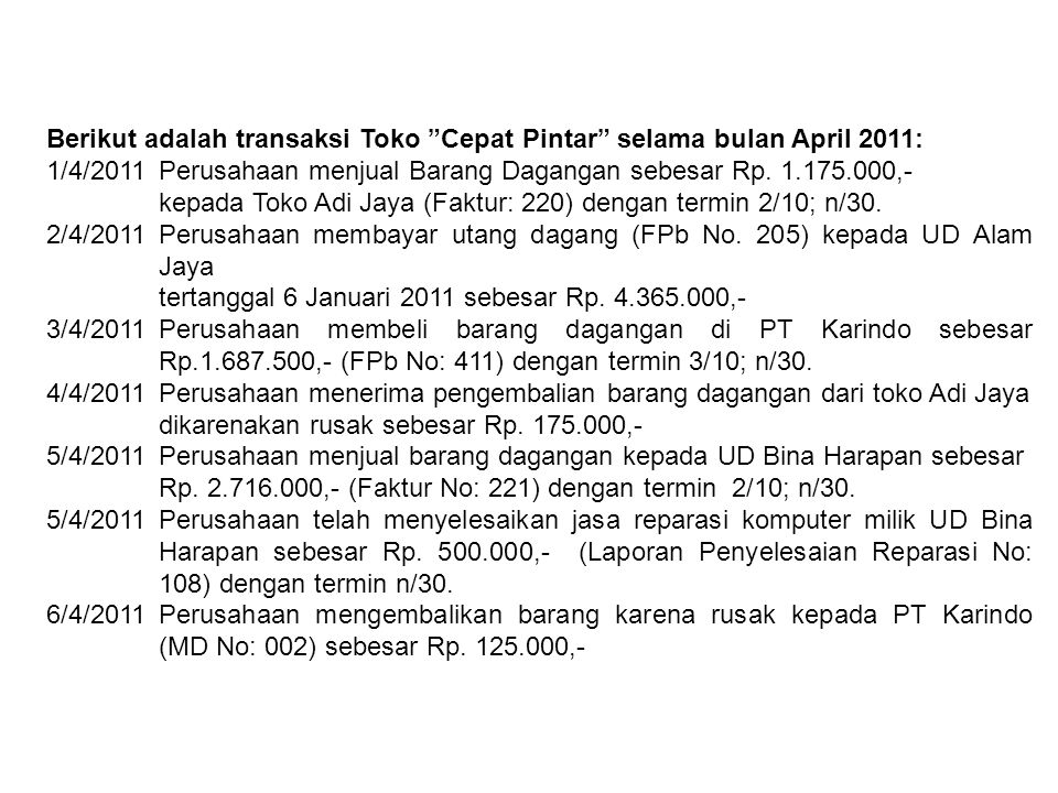 Berikut adalah transaksi Toko Cepat Pintar selama bulan April 2011: