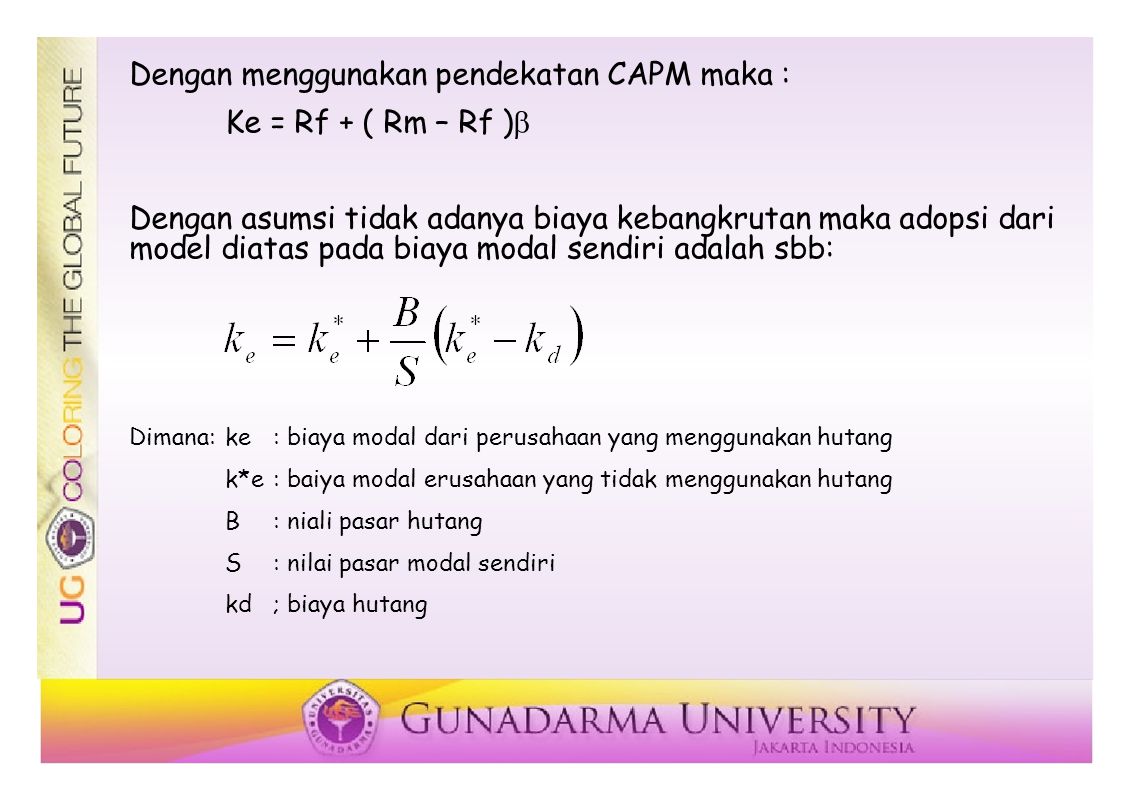Dengan menggunakan pendekatan CAPM maka : Ke = Rf + ( Rm – Rf )