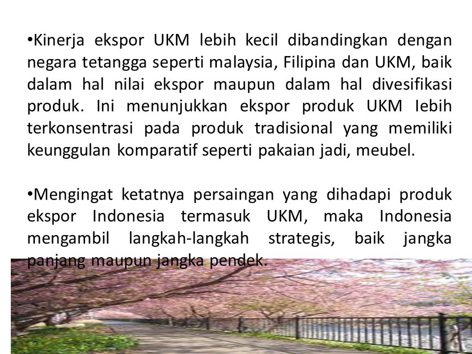 Kinerja ekspor UKM lebih kecil dibandingkan dengan negara tetangga seperti malaysia, Filipina dan UKM, baik dalam hal nilai ekspor maupun dalam hal divesifikasi produk. Ini menunjukkan ekspor produk UKM Iebih terkonsentrasi pada produk tradisional yang memiliki keunggulan komparatif seperti pakaian jadi, meubel.