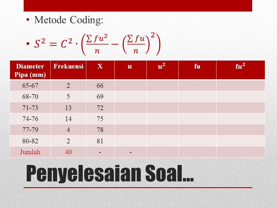 Penyelesaian Soal... 𝑆 2 = 𝐶 2 ∙ 𝑓𝑢 2 𝑛 − 𝑓𝑢 𝑛 2 Metode Coding: