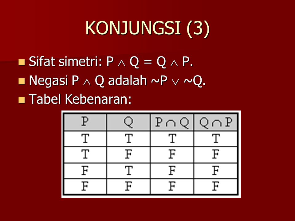 KONJUNGSI (3) Sifat simetri: P  Q = Q  P.