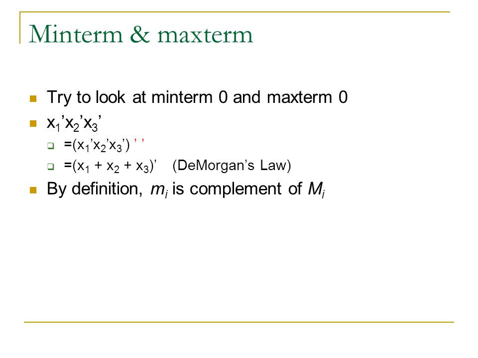 Minterm & maxterm Try to look at minterm 0 and maxterm 0 x1’x2’x3’