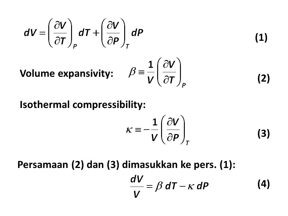 (1) Volume expansivity: (2) Isothermal compressibility: (3) Persamaan (2) dan (3) dimasukkan ke pers. (1):