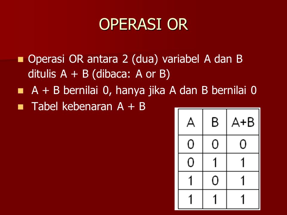 OPERASI OR Operasi OR antara 2 (dua) variabel A dan B ditulis A + B (dibaca: A or B) A + B bernilai 0, hanya jika A dan B bernilai 0.
