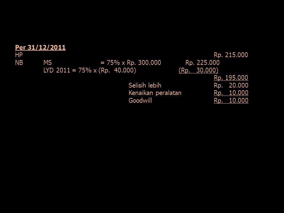 Per 31/12/2011 HP Rp NB MS = 75% x Rp Rp LYD 2011 = 75% x (Rp ) (Rp )