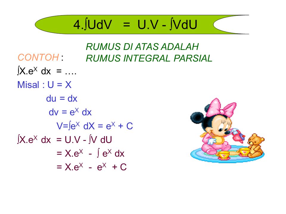 4.∫UdV = U.V - ∫VdU RUMUS DI ATAS ADALAH RUMUS INTEGRAL PARSIAL