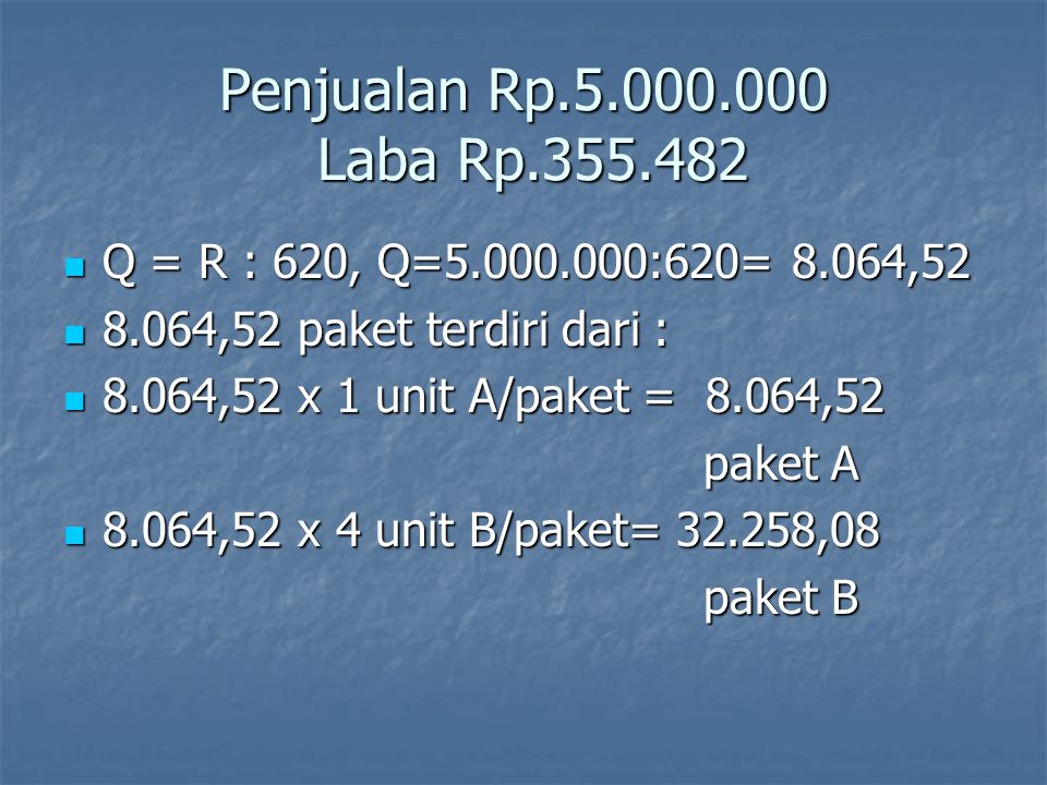 Penjualan Rp Laba Rp Q = R : 620, Q= :620= 8.064, ,52 paket terdiri dari :
