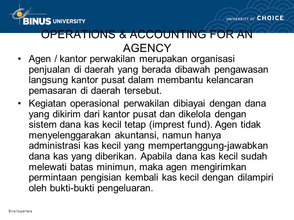 OPERATIONS & ACCOUNTING FOR AN AGENCY