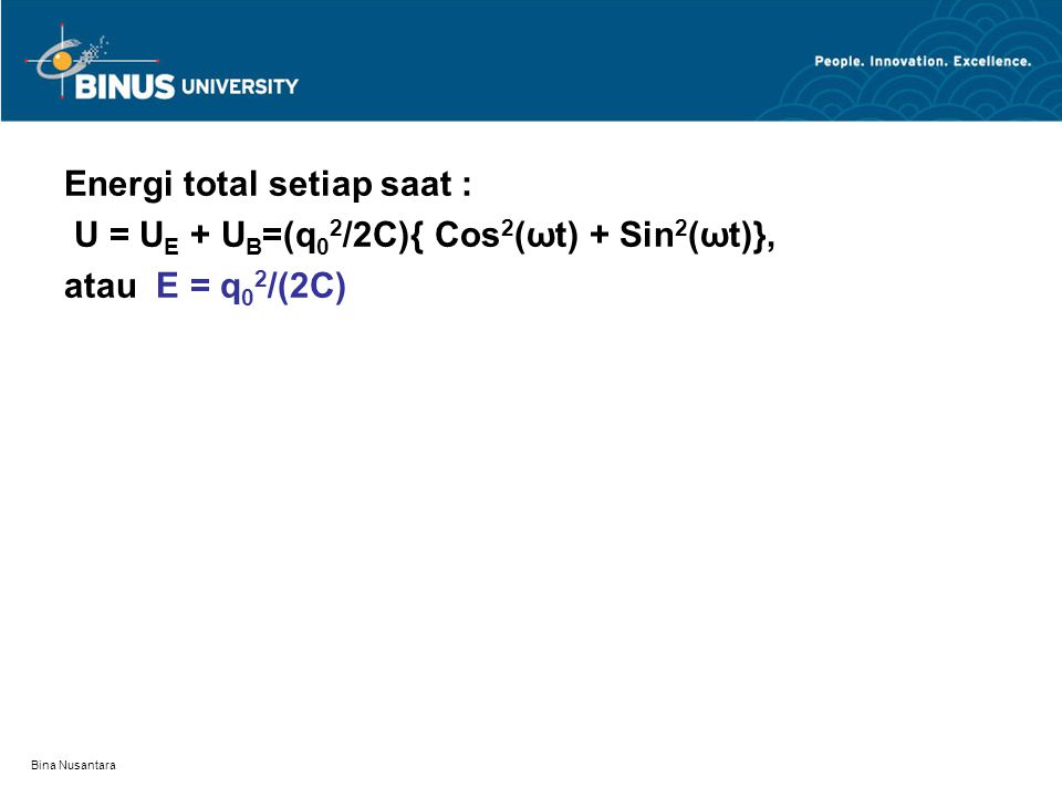 Energi total setiap saat : U = UE + UB=(q02/2C){ Cos2(ωt) + Sin2(ωt)},