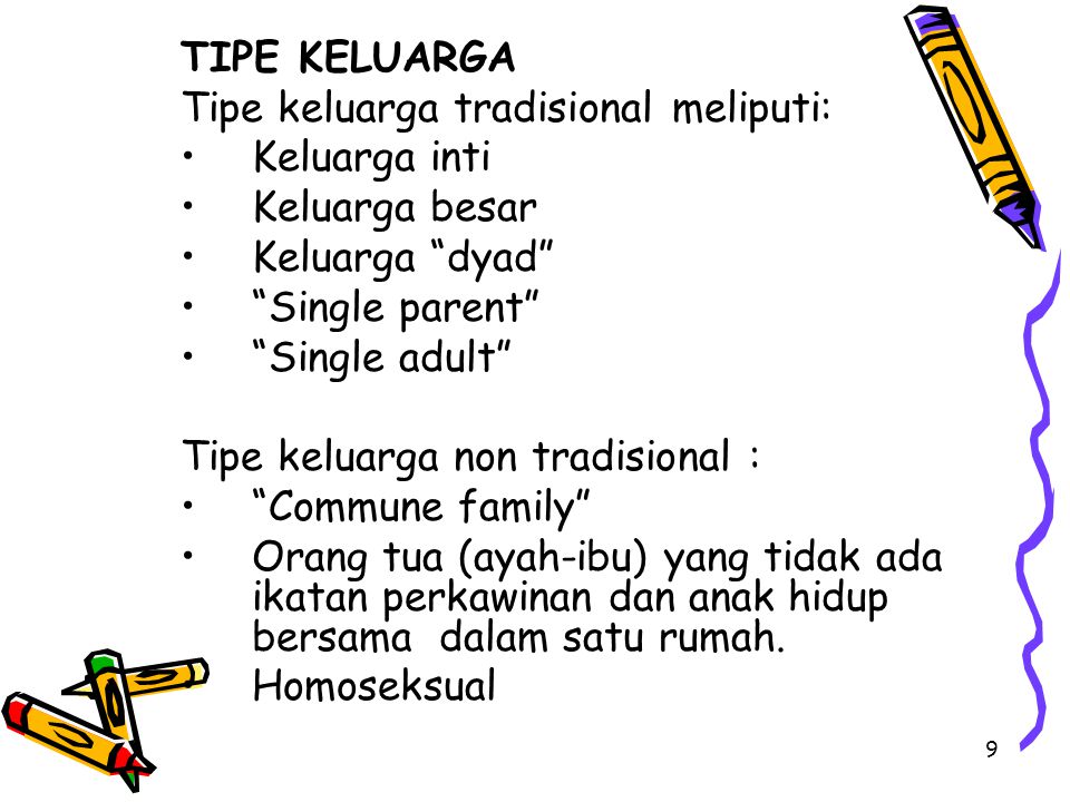 TIPE KELUARGA Tipe keluarga tradisional meliputi: Keluarga inti. Keluarga besar. Keluarga dyad