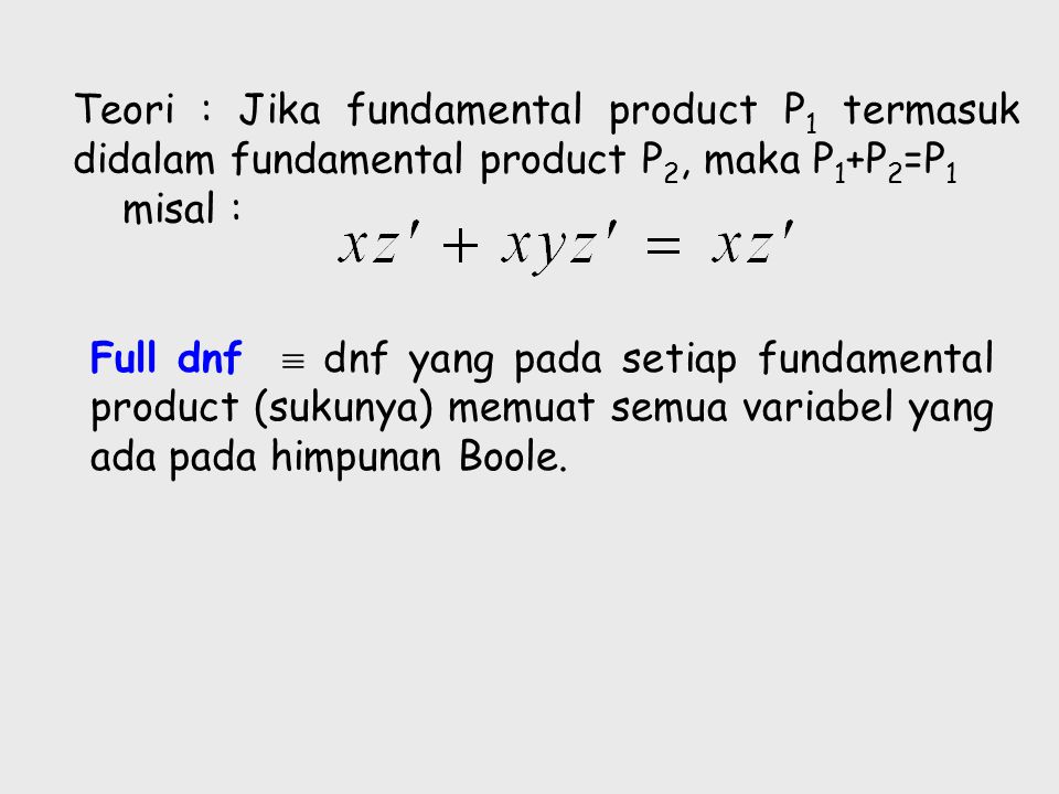 Teori : Jika fundamental product P1 termasuk didalam fundamental product P2, maka P1+P2=P1