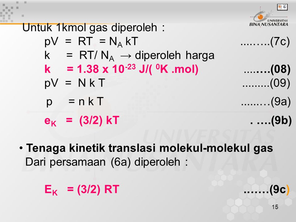 Untuk 1kmol gas diperoleh : pV = RT = NA kT ....…..(7c)